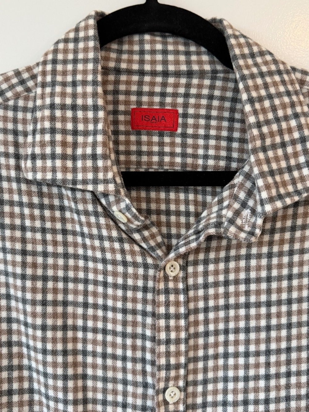 Isaia Napoli Gingham Check Flannel Shirt | Taupe/Gray | Size 17/43 | Made in Ita